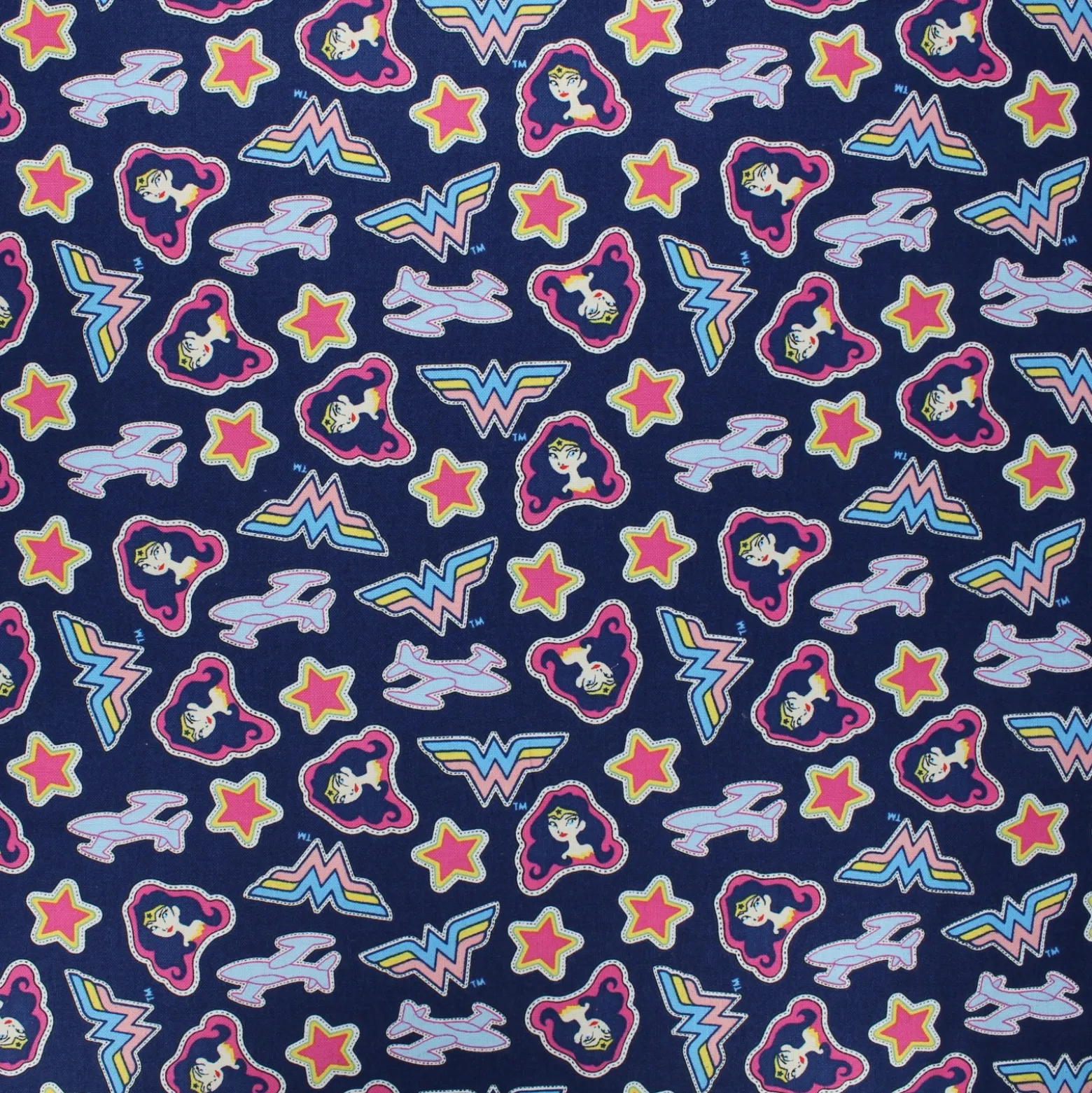Coupon 100 cm x 110 cm Tissu coton Camelot Fabrics Wonder woman Tossed stickers - bleu marine