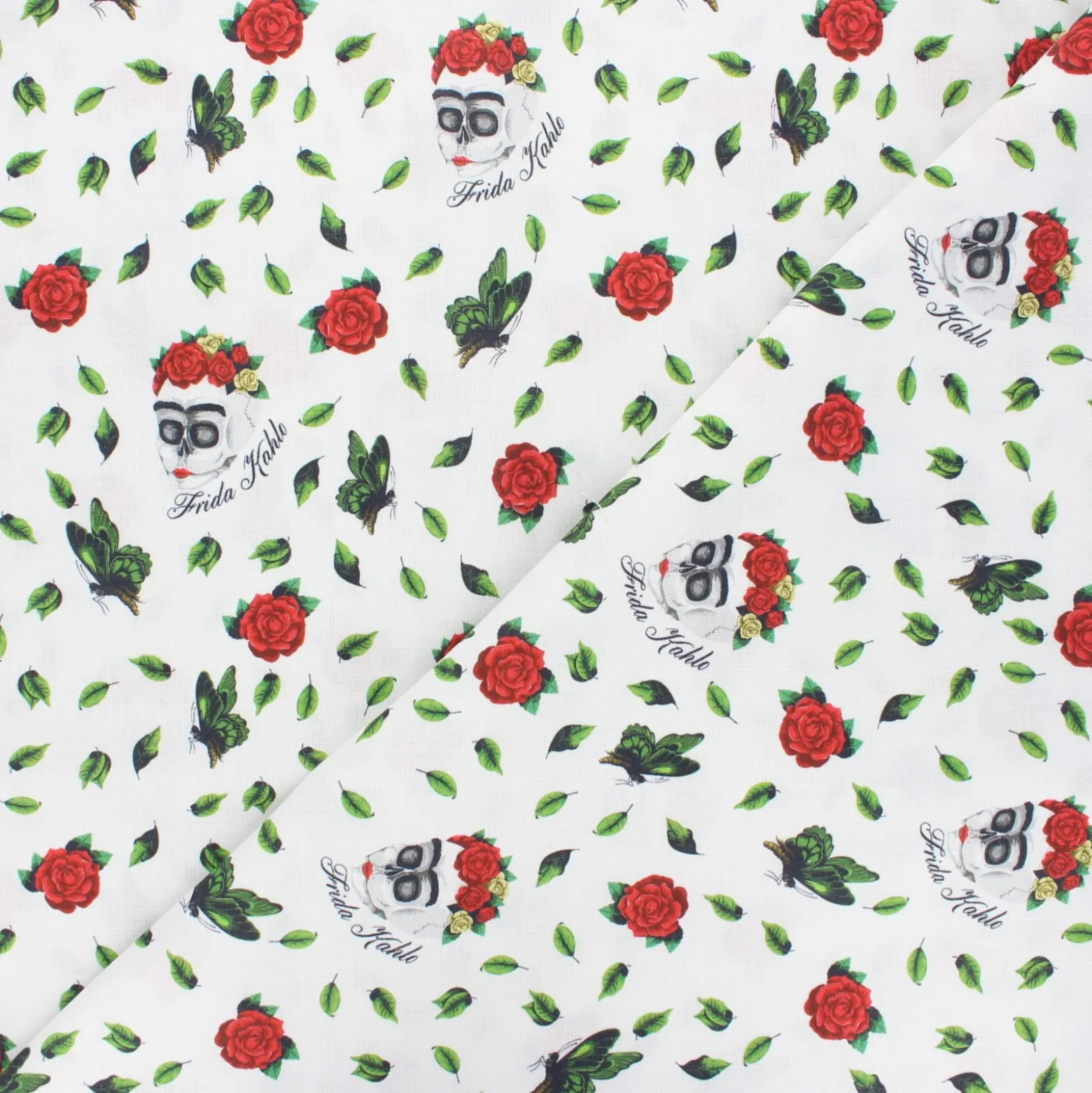 Coupon 100 cm x 148 cm Tissu coton cretonne Skull Frida Kahlo - blanc