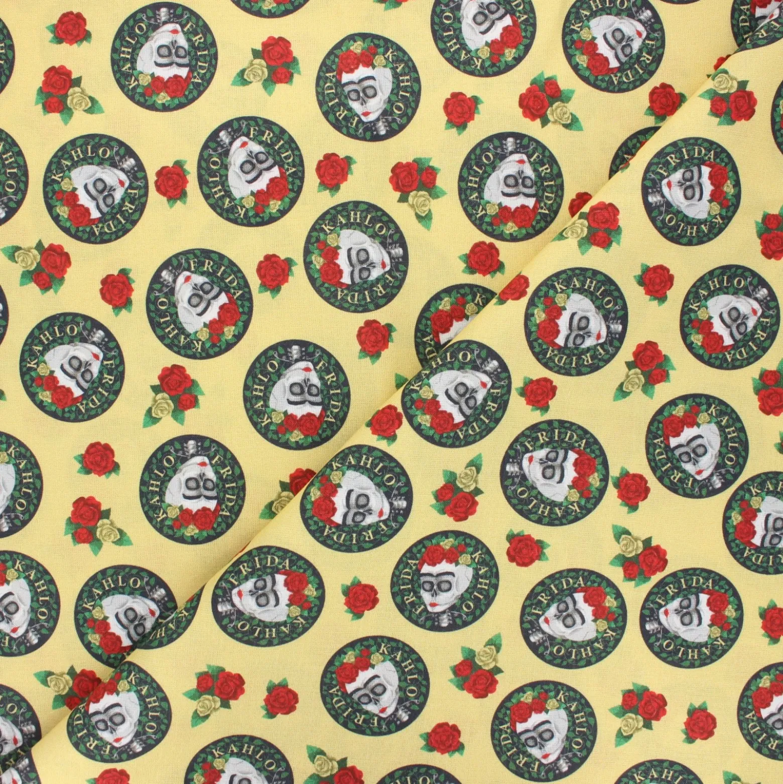 Coupon 100 cm x 148 cm Tissu coton cretonne Frida Kahlo caps - jaune