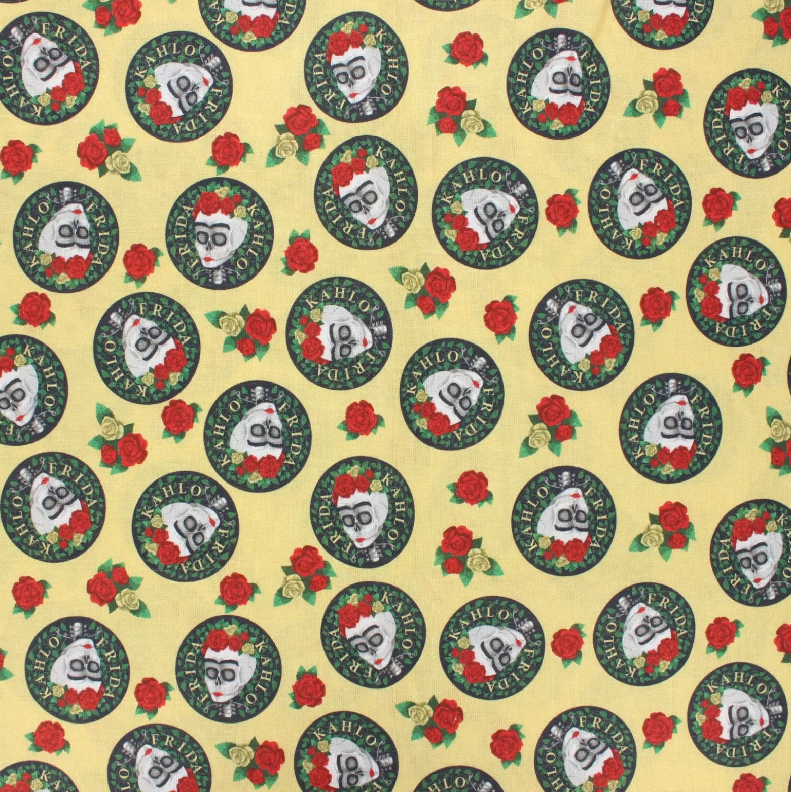 Coupon 100 cm x 148 cm Tissu coton cretonne Frida Kahlo caps - jaune