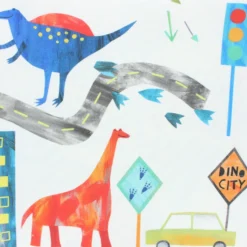Coupon 100 cm x 136 cm Tissu toile de coton Dino city - écru