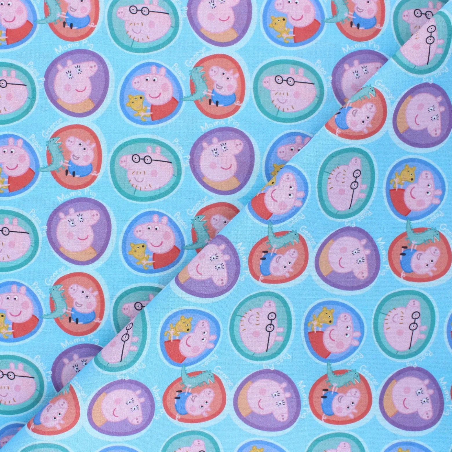 Coupon tissu coton cretonne Peppa Pig's family - bleu (50 cm x 150 cm)