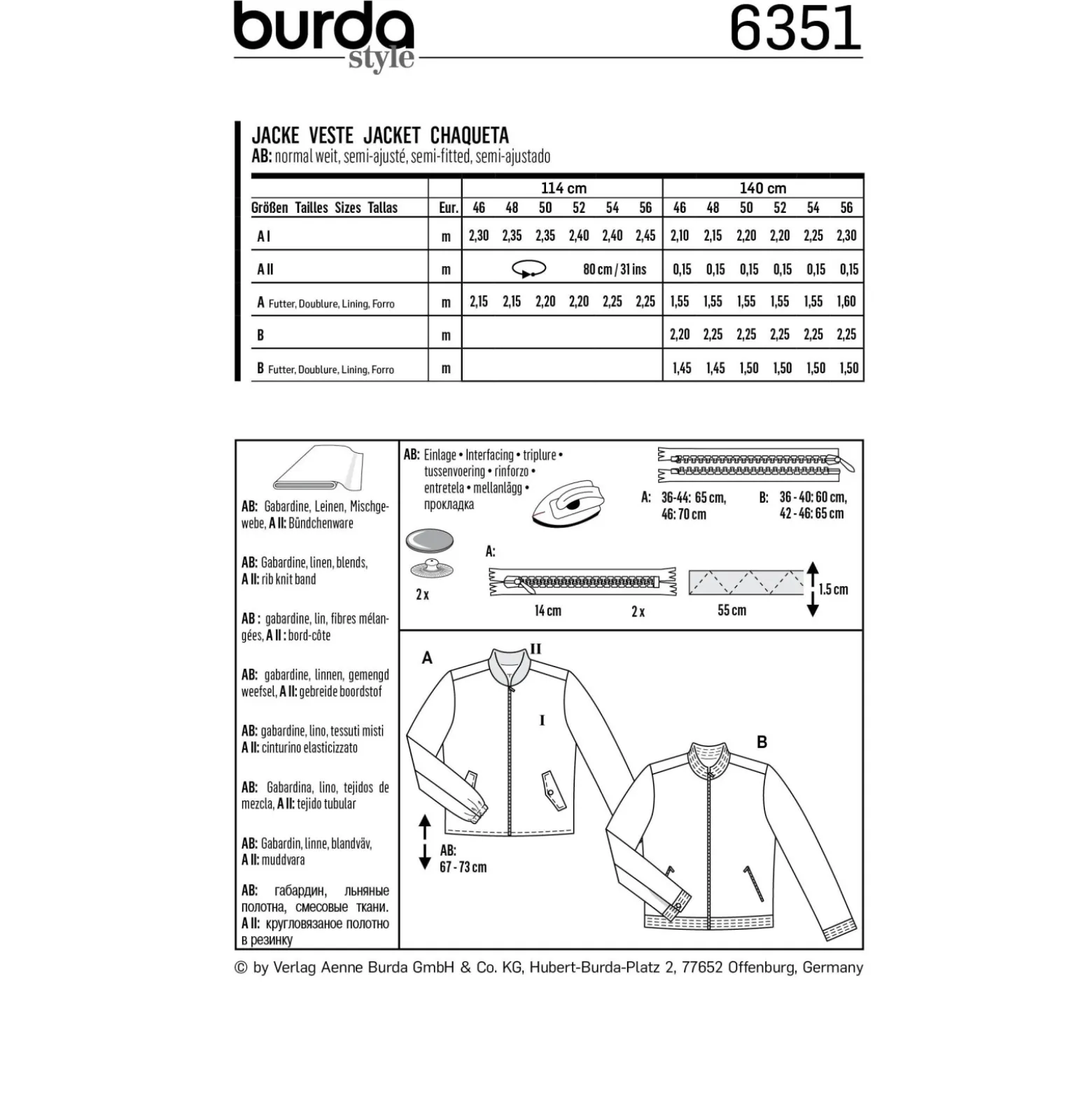 Patron Blouson Zippé Homme Burda N°6351