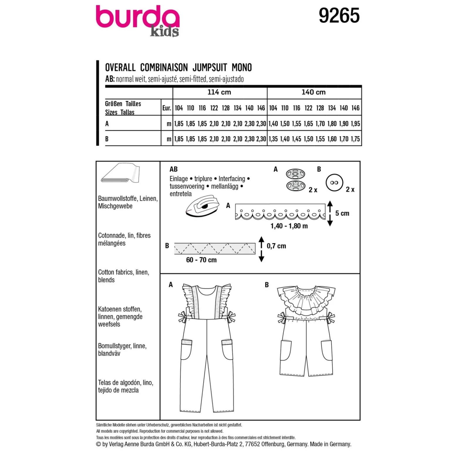 Patron combinaison fille - Burda n°9265