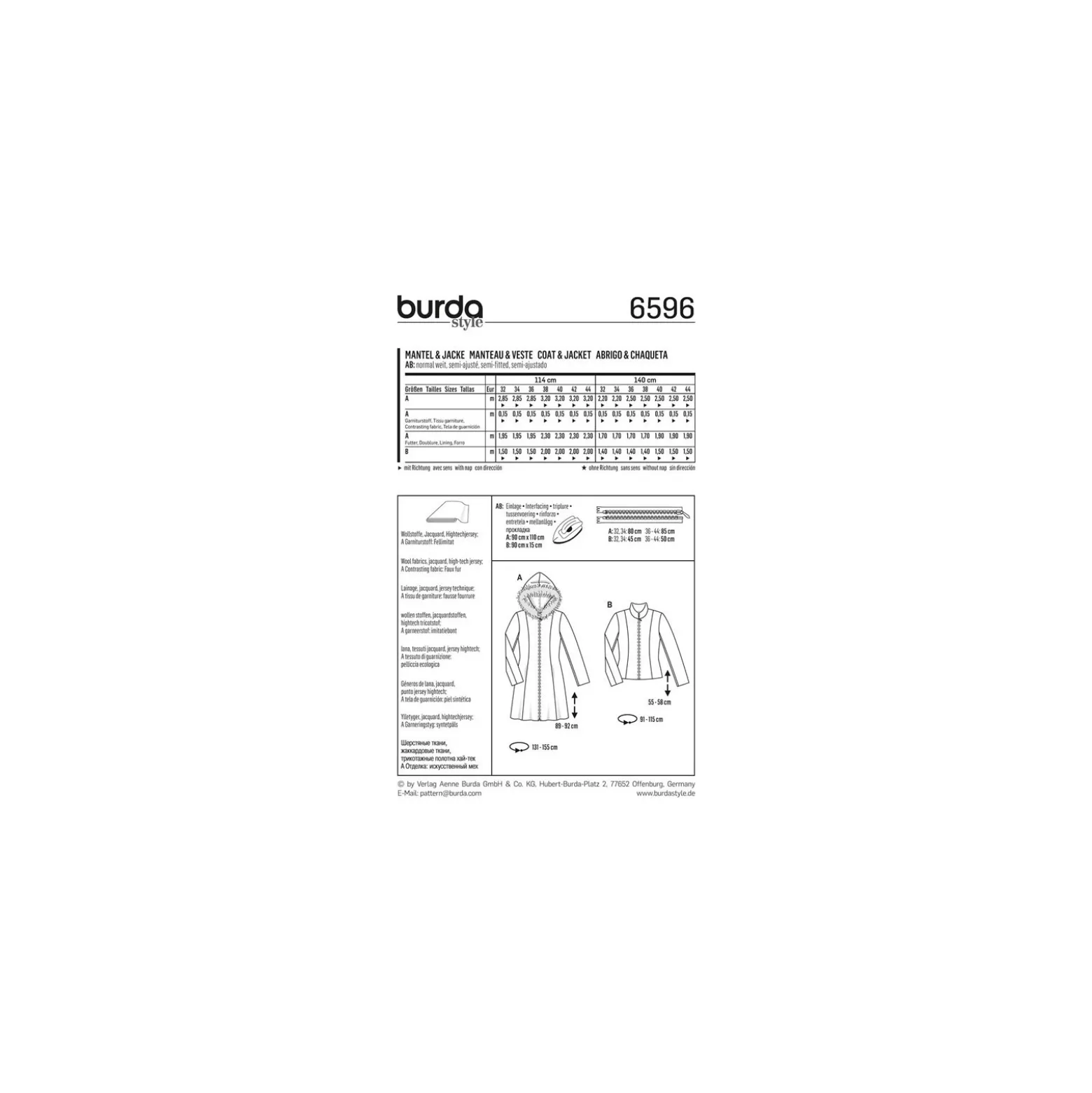 Patron Femme Manteau & Veste Burda n°6596