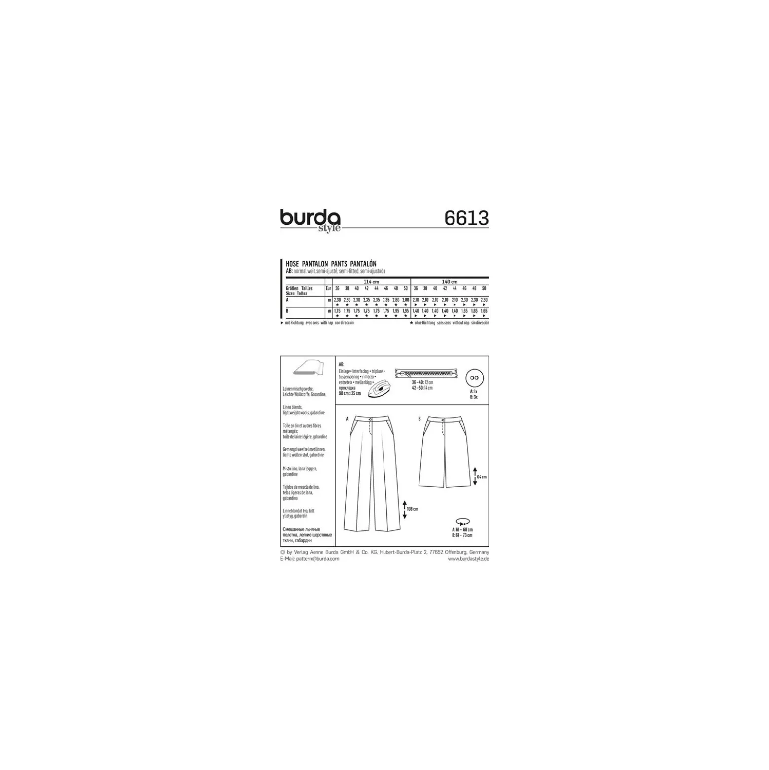 Patron Femme Pantalon Burda n°6613