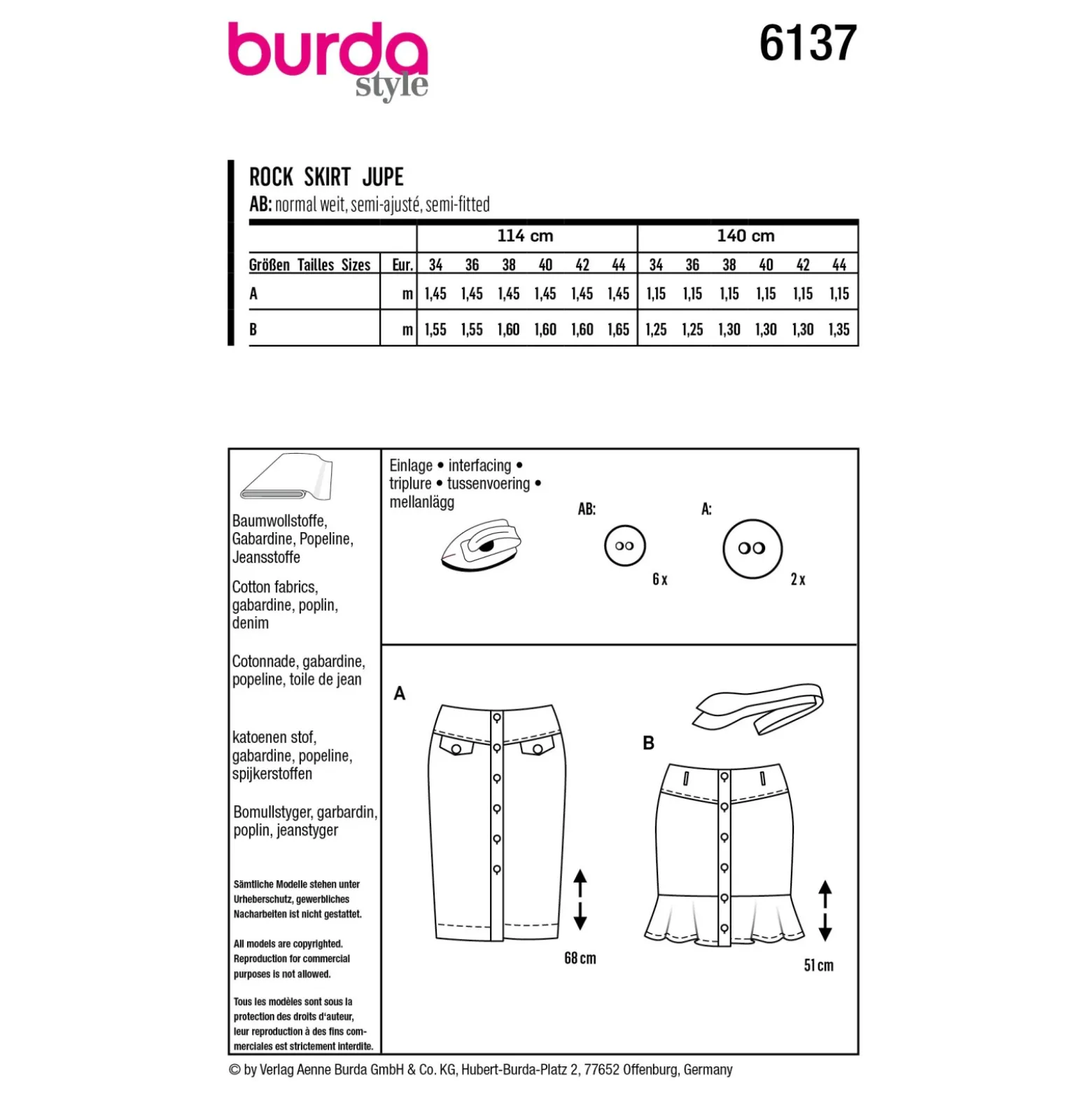 Patron jupe à boutons Femme - Burda n°6137