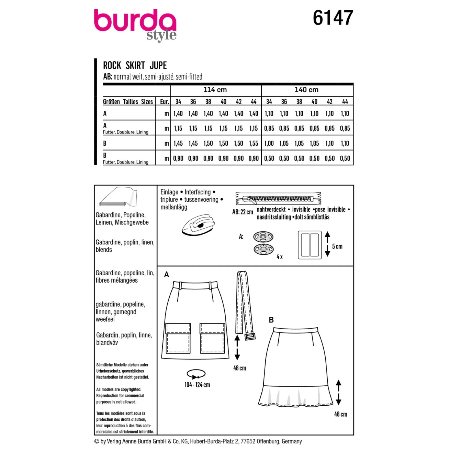 Patron jupe droite Femme - Burda n°6147