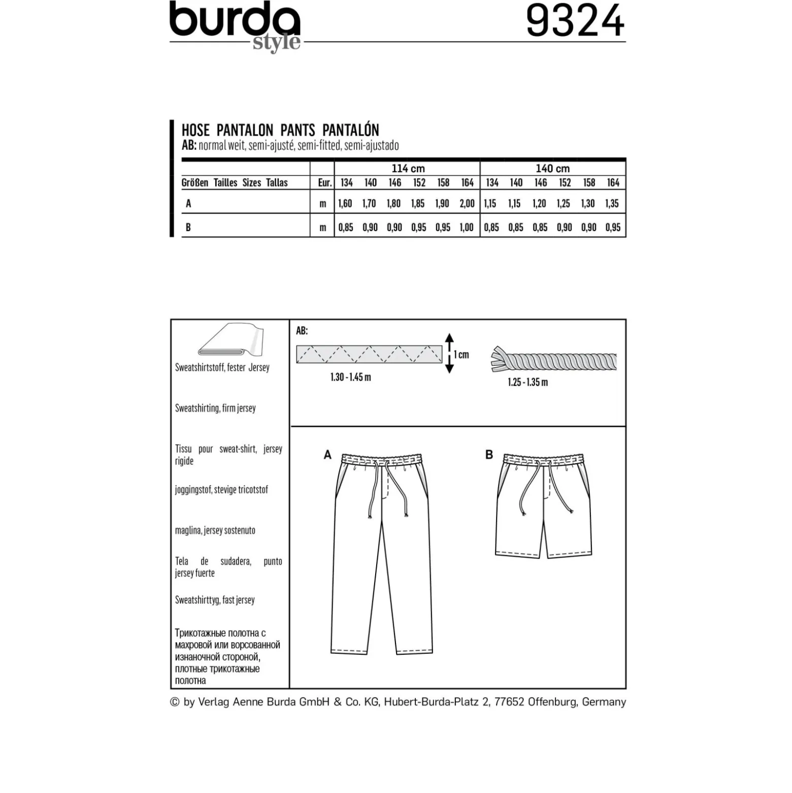 Patron Pantalon Ado Burda N°9324