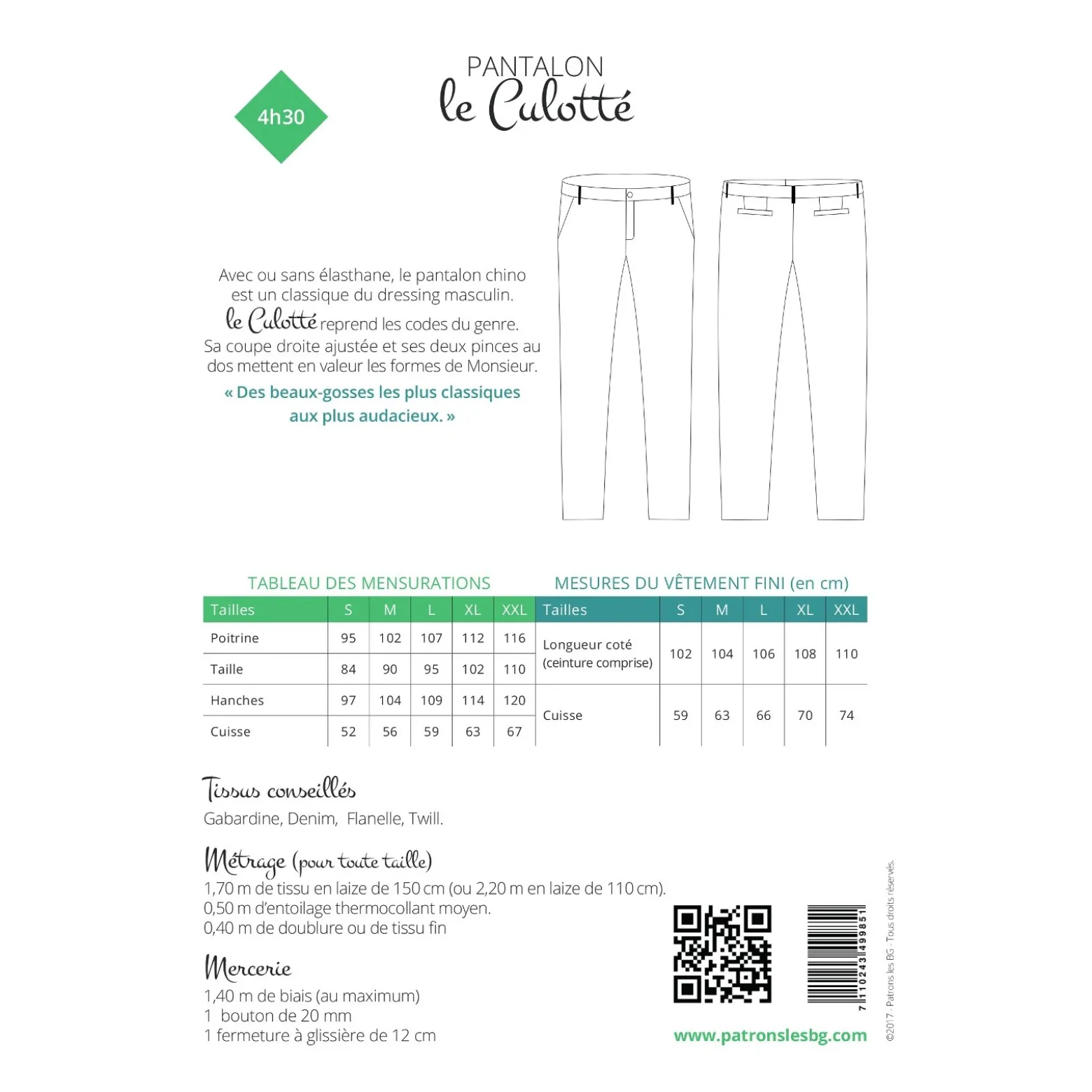 Patron Pantalon Chino Homme Les BG - Le Culotté