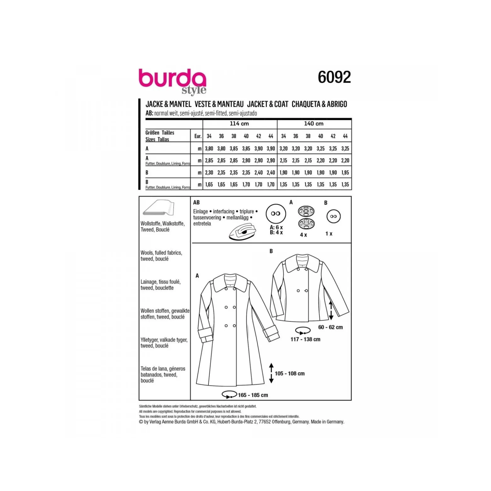 Patron veste et manteau double boutonnage Femme - Burda n°6092