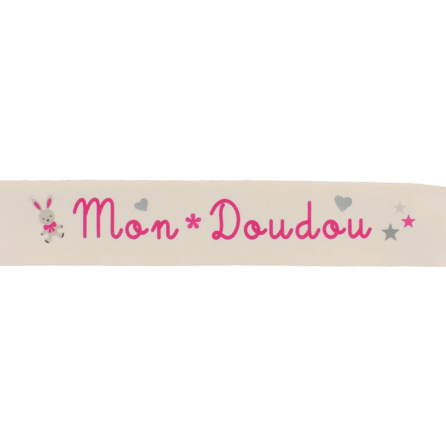 Ruban sergé Mon doudou - fuchsia sur fond écru x 25cm