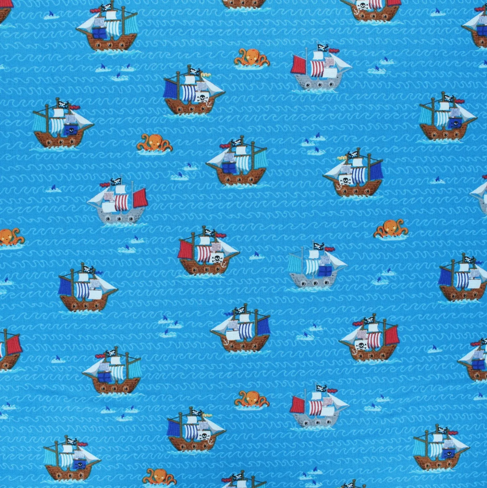 Tissu coton Makower UK Pirate Galleons - bleu