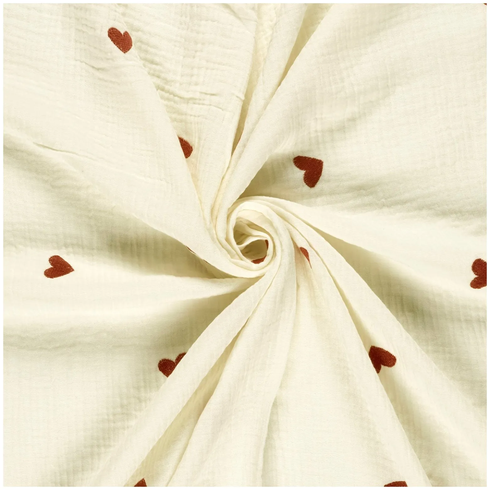 Tissu double gaze de coton brodé Cœur - écru