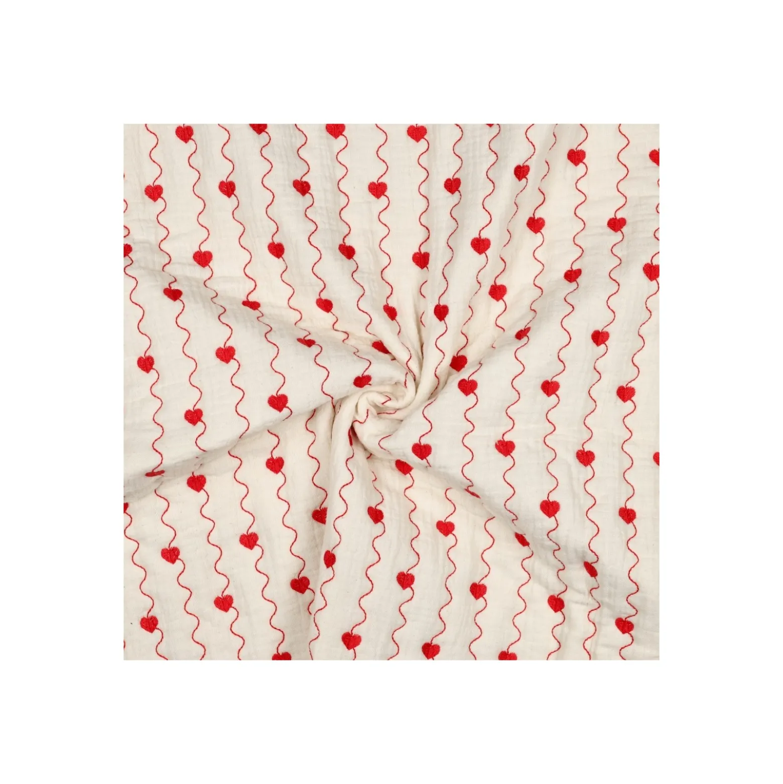 Tissu double gaze matelassé brodé Coeur - écru