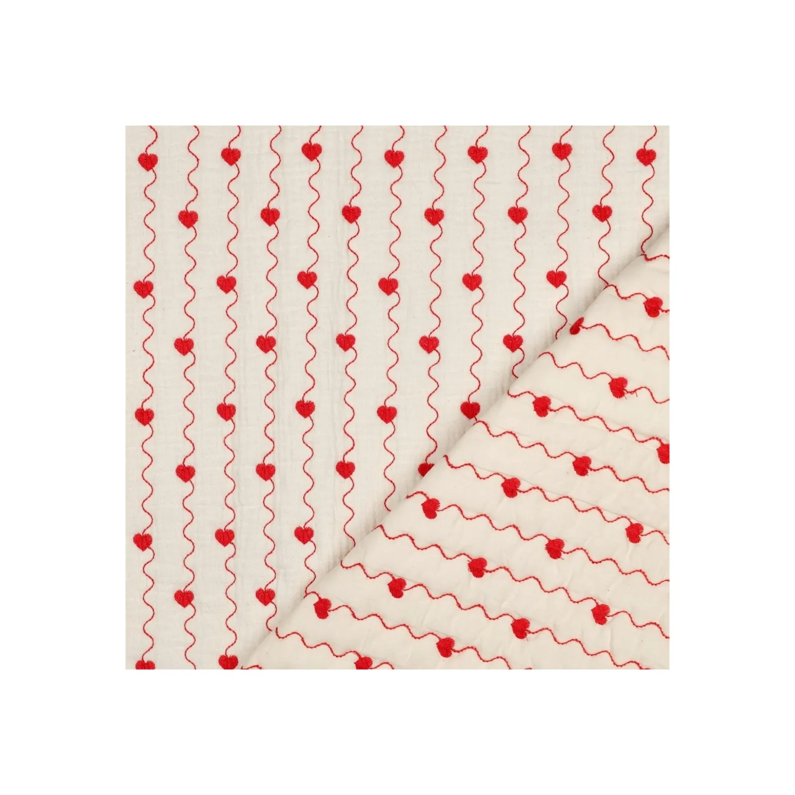 Tissu double gaze matelassé brodé Coeur - écru