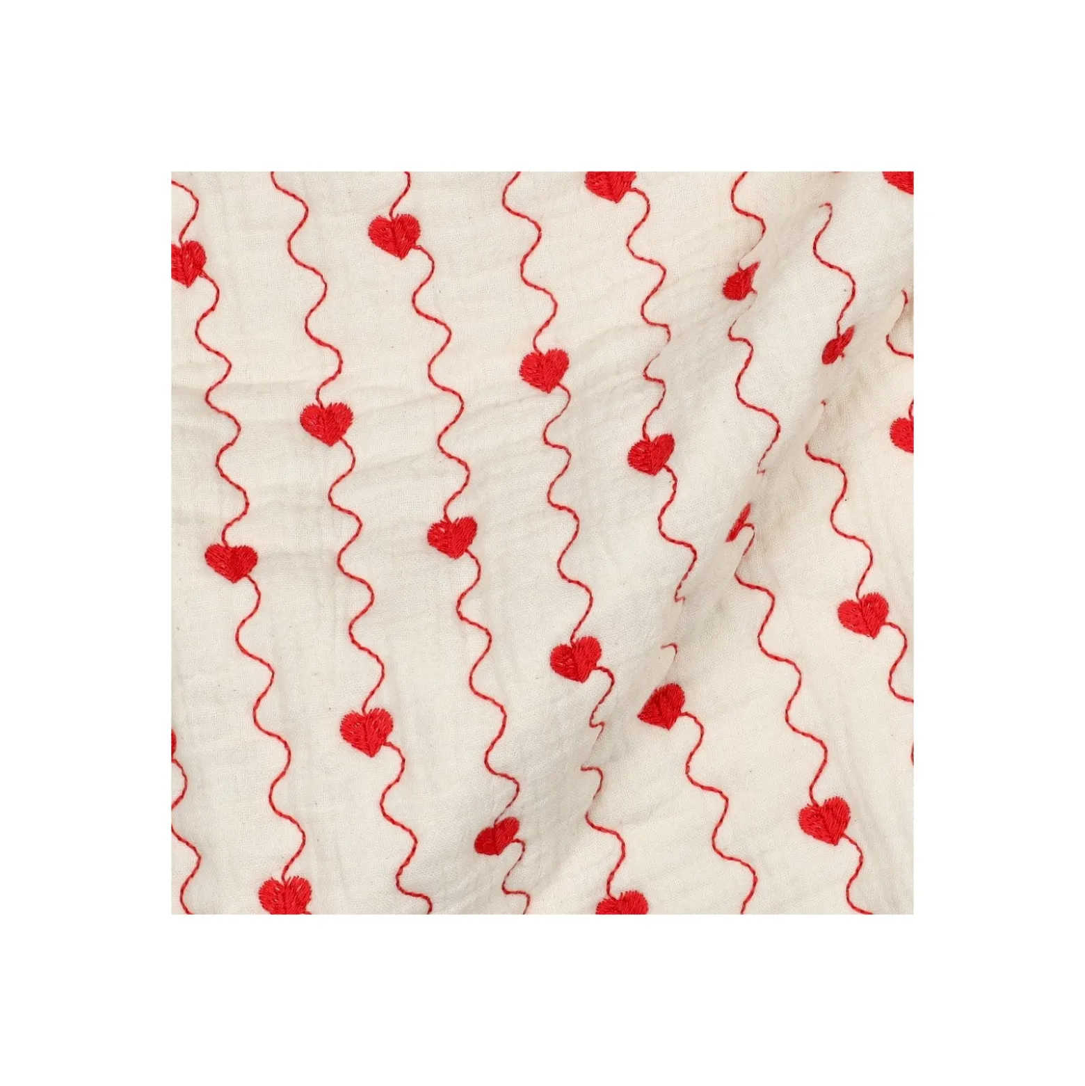 Tissu double gaze matelassé brodé Coeur - écru