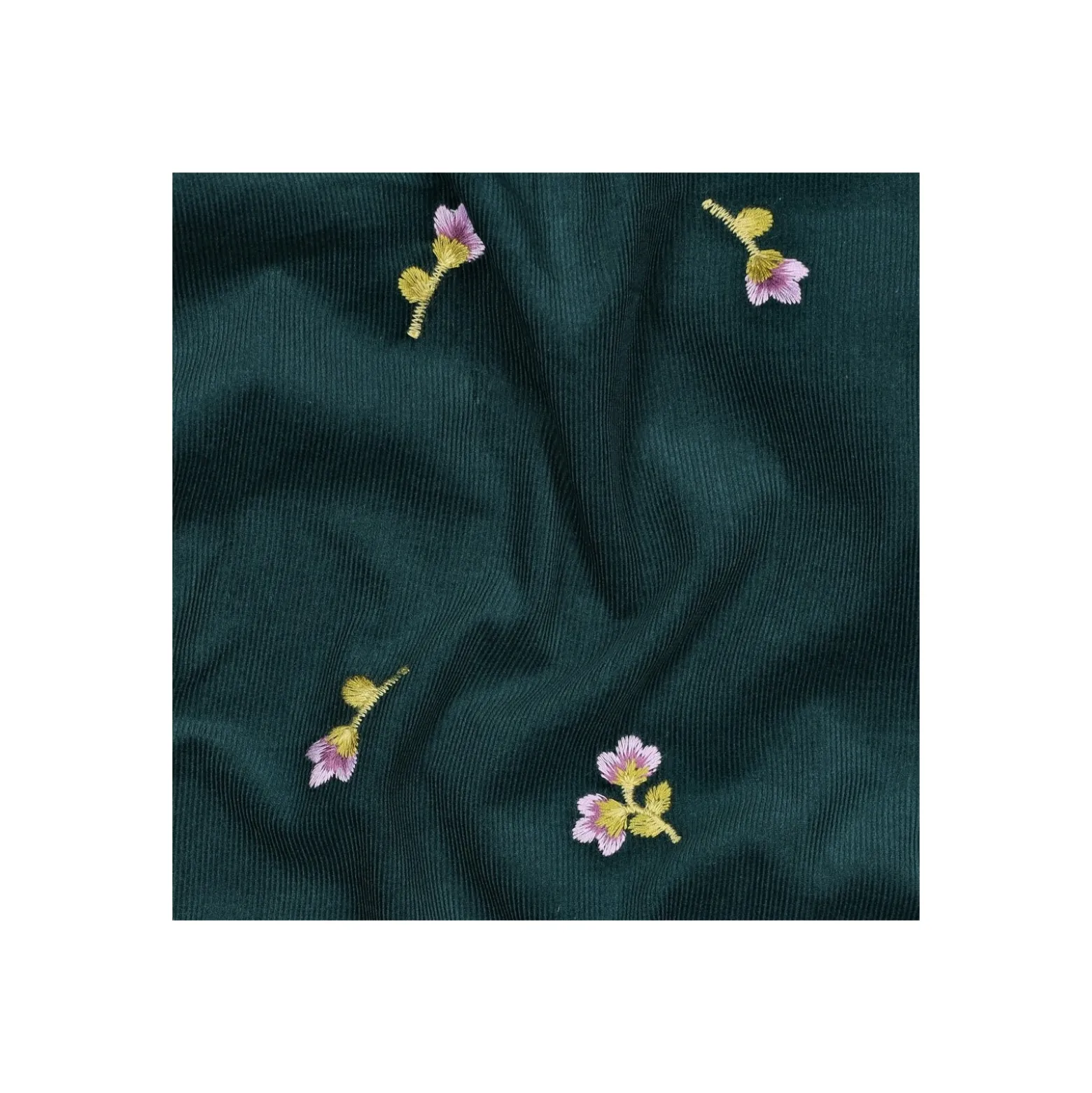Tissu velours milleraies brodé Flori - vert foncé